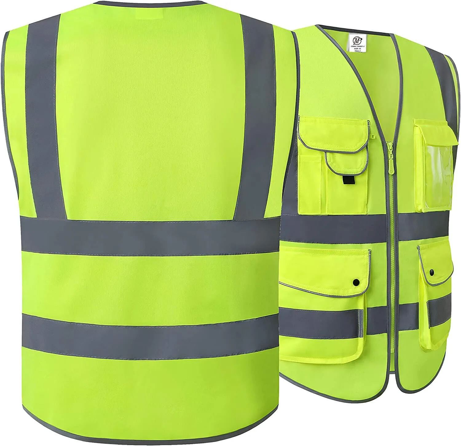 1PKClass2 Hi-Vis Reflective Safety Vests with 8 Pockets and Zipper Front DVEST-2