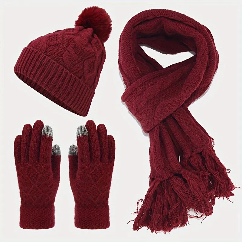 3pcs/set Stylish Twist Knit Winter Accessories - Cold Weather Scarves & Wraps - Soft Beanie, Touchscreen Gloves, and Tassel Scarf Combination for Autumn and Winter Seasons