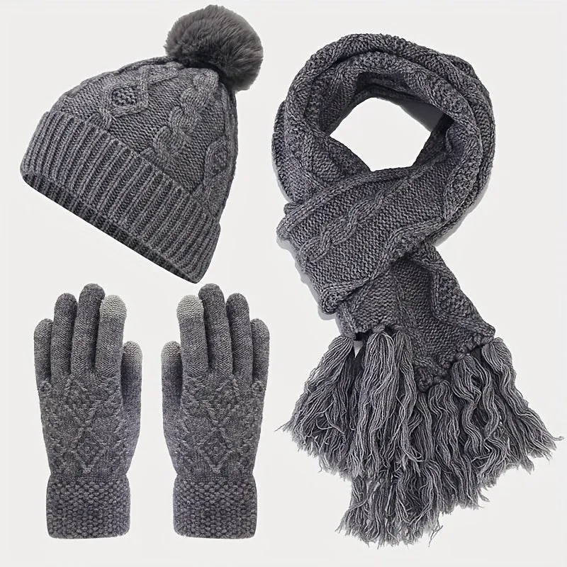 3pcs/set Stylish Twist Knit Winter Accessories - Cold Weather Scarves & Wraps - Soft Beanie, Touchscreen Gloves, and Tassel Scarf Combination for Autumn and Winter Seasons