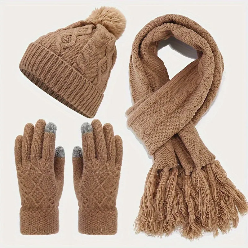 3pcs/set Stylish Twist Knit Winter Accessories - Cold Weather Scarves & Wraps - Soft Beanie, Touchscreen Gloves, and Tassel Scarf Combination for Autumn and Winter Seasons