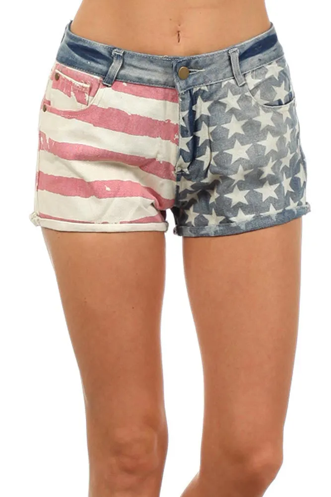 American Flag Printed Distressed Design Denim Jean Fashion Shorts