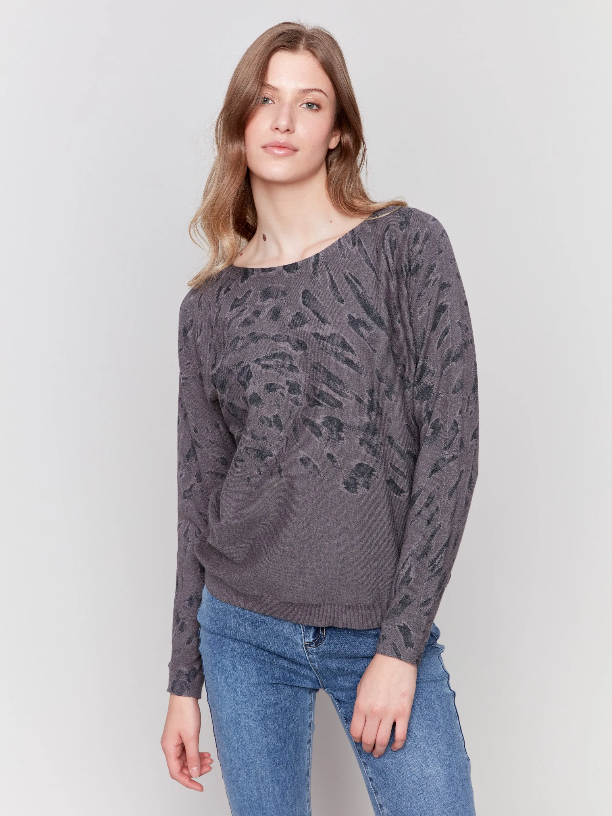 Animal Print Batwing Sleeve Sweater - Charcoal