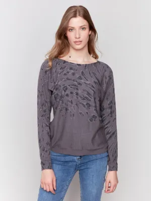 Animal Print Batwing Sleeve Sweater - Charcoal