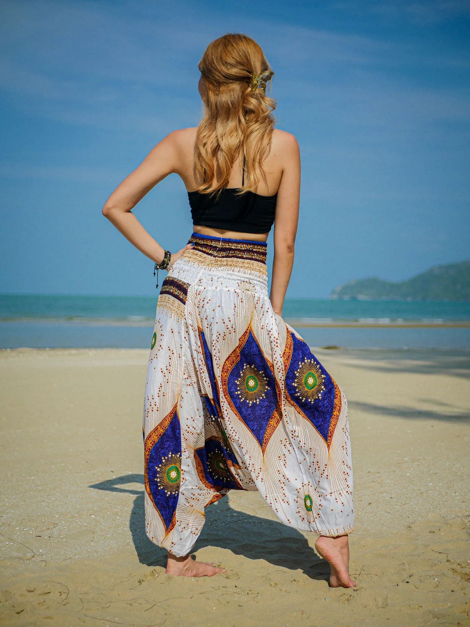 Blue Peacock Eye Low Cut Harem Pants