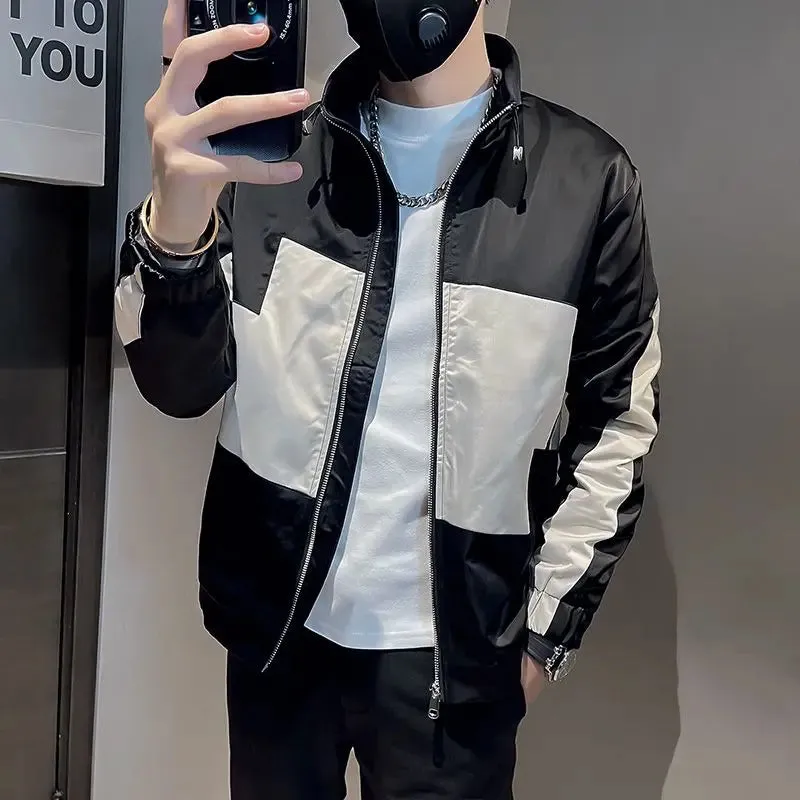 Bonsir Jacket for Men Spring Autumn Man Coat Zip V Contrasting Colors Splicing Korean Reviews Many High Quality Stylish Cold New in Y2k