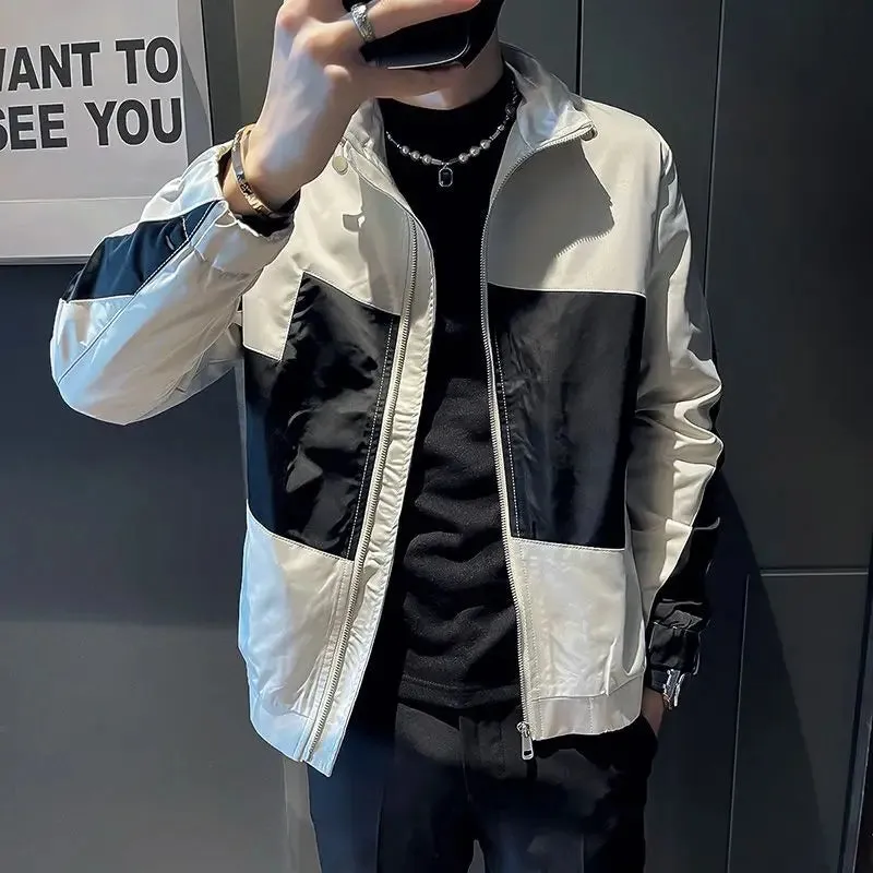 Bonsir Jacket for Men Spring Autumn Man Coat Zip V Contrasting Colors Splicing Korean Reviews Many High Quality Stylish Cold New in Y2k