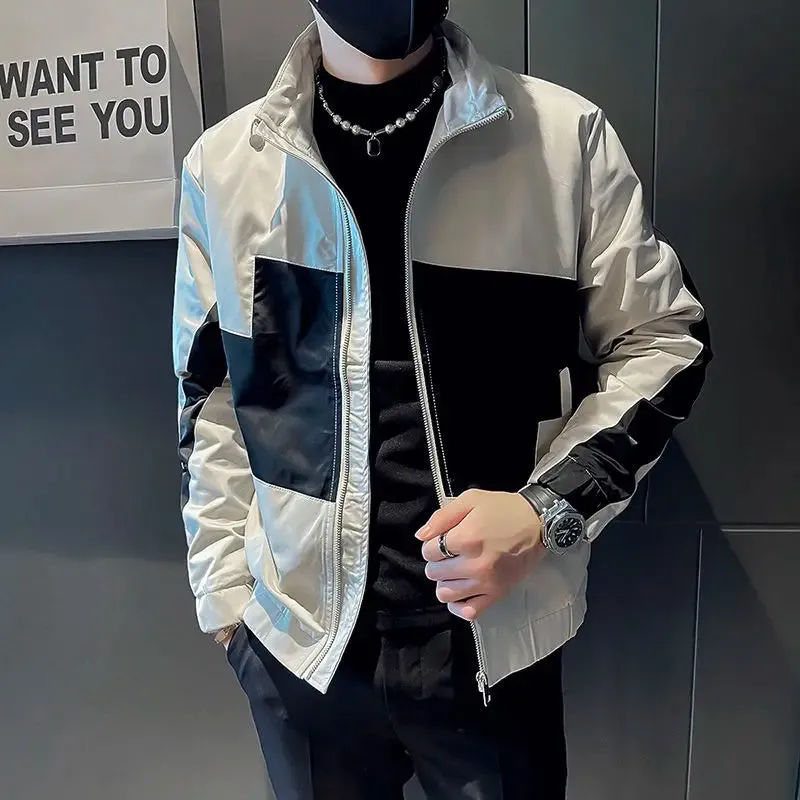 Bonsir Jacket for Men Spring Autumn Man Coat Zip V Contrasting Colors Splicing Korean Reviews Many High Quality Stylish Cold New in Y2k