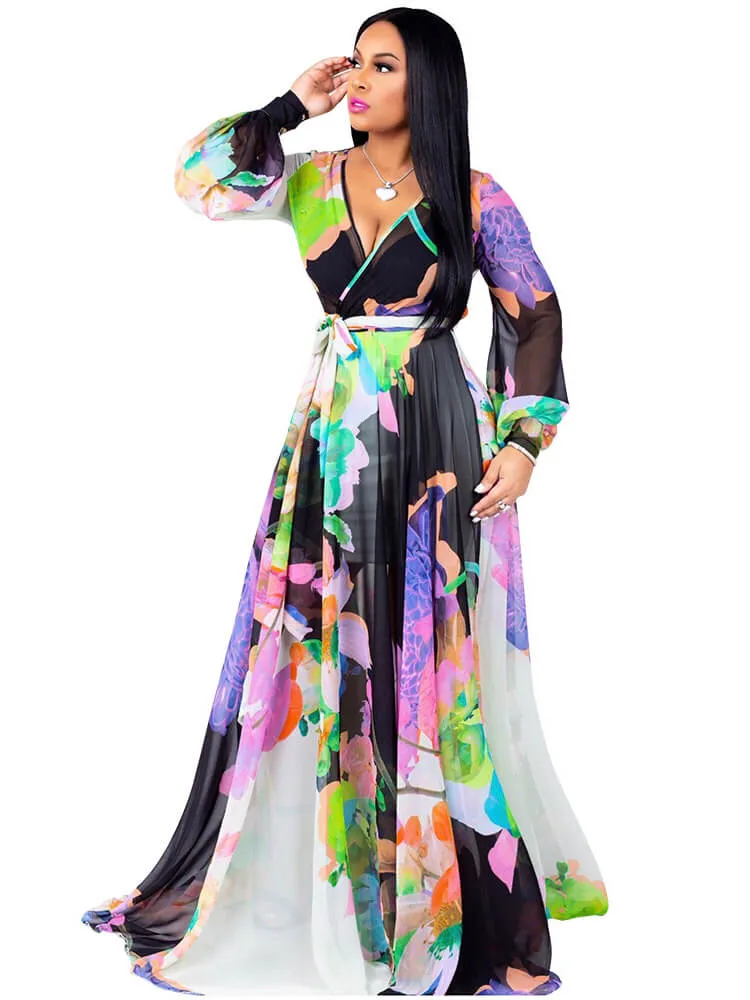 Chiffon Floral Printed V Neck Wrap Boho Maxi Dresses