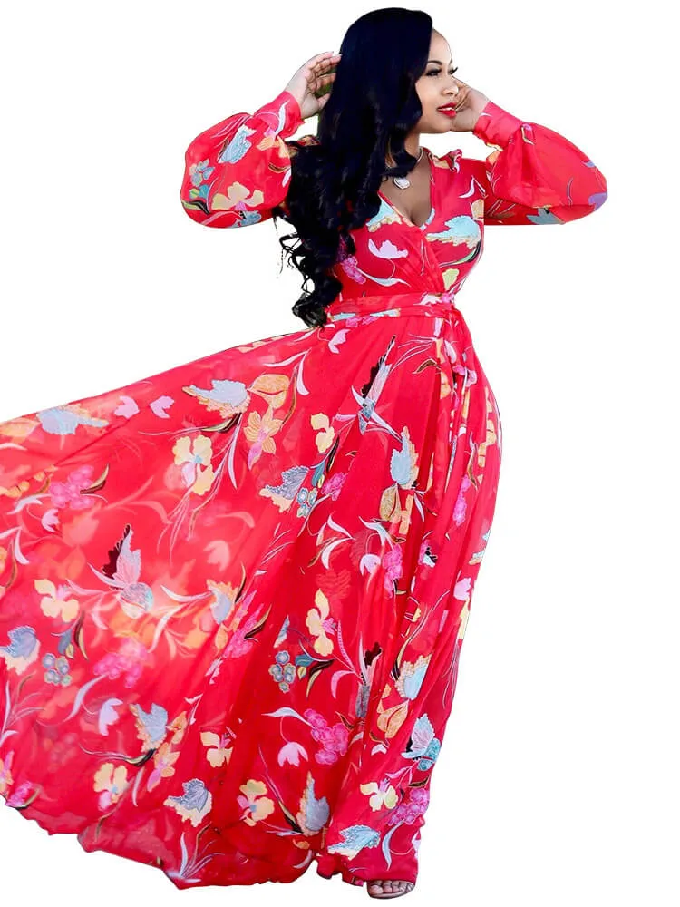 Chiffon Floral Printed V Neck Wrap Boho Maxi Dresses