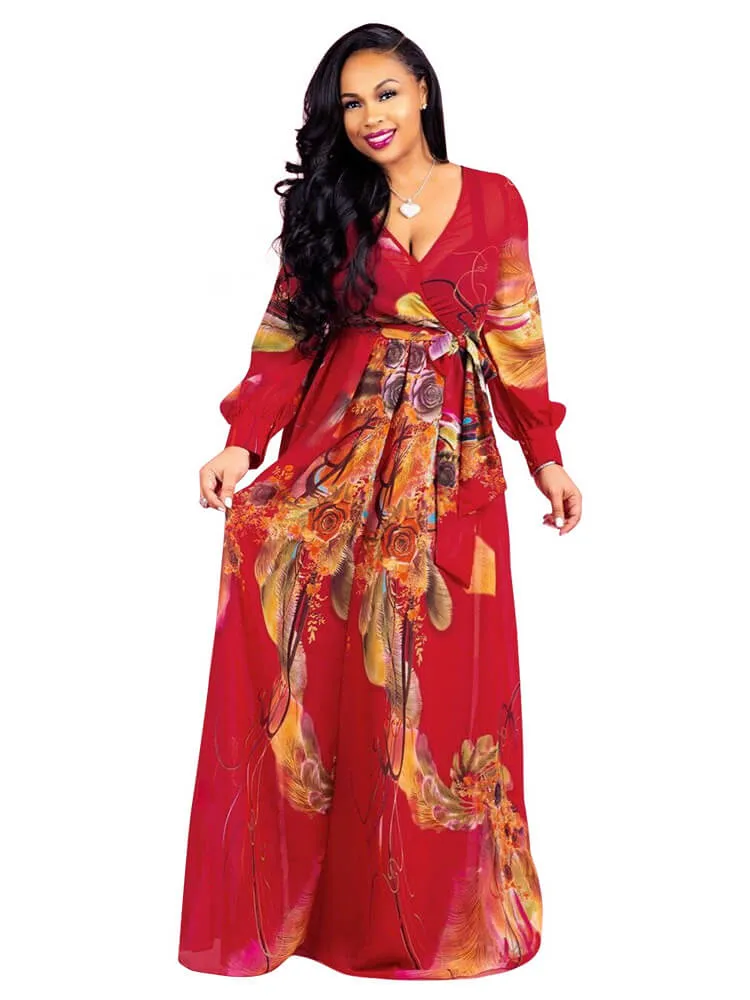 Chiffon Floral Printed V Neck Wrap Boho Maxi Dresses