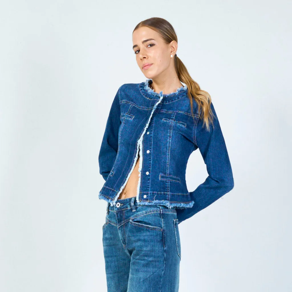 Frayed edge denim jacket with button closure wholesale