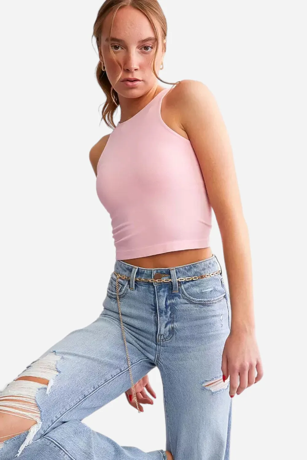 Free People Clean Lines Cropped Cami Tank Top in Candy Pink