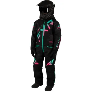 FXR  Youth CX Snowmobile Monosuit Black Camo Mint-Electric Pink Fade F.A.S.T. 3.0