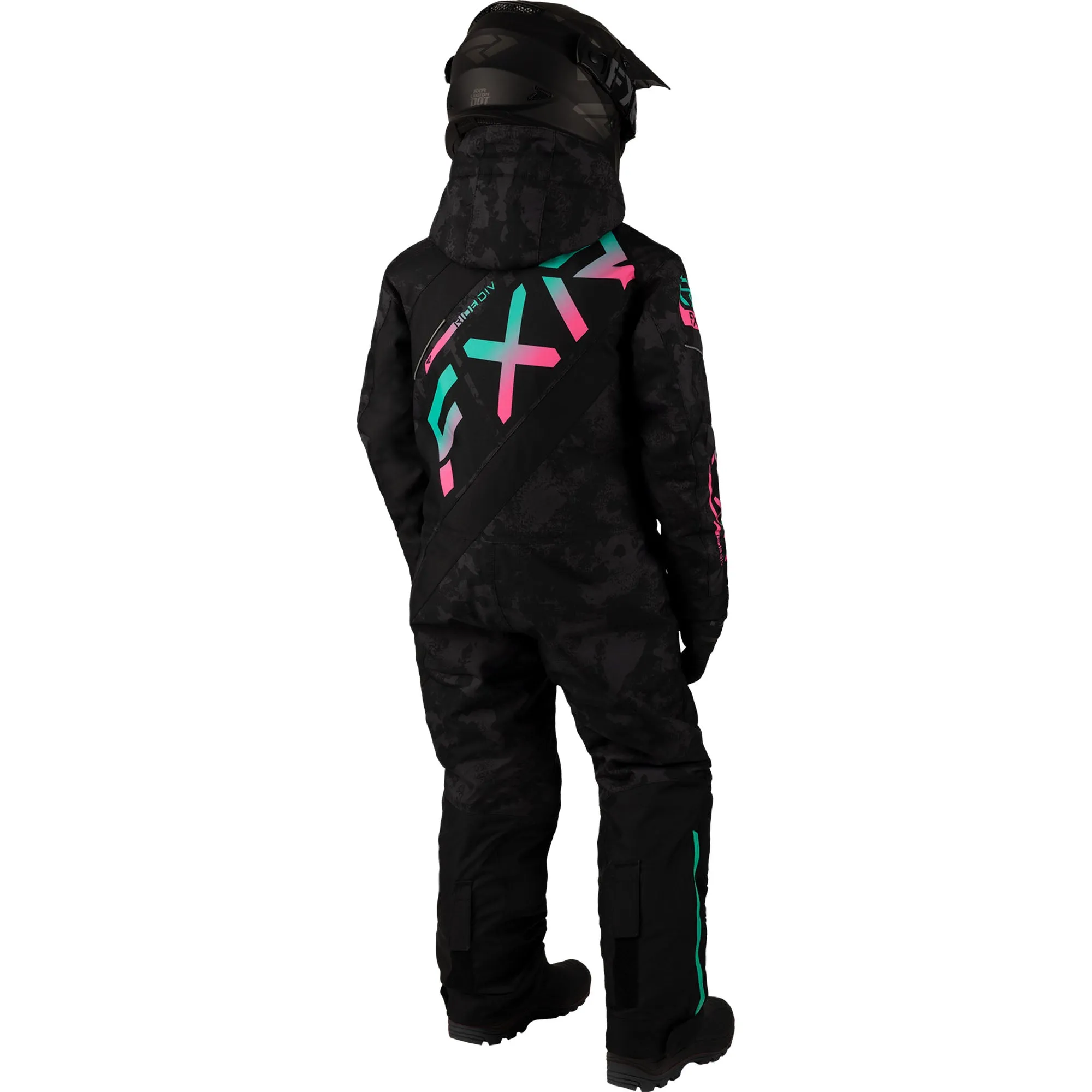 FXR  Youth CX Snowmobile Monosuit Black Camo Mint-Electric Pink Fade F.A.S.T. 3.0