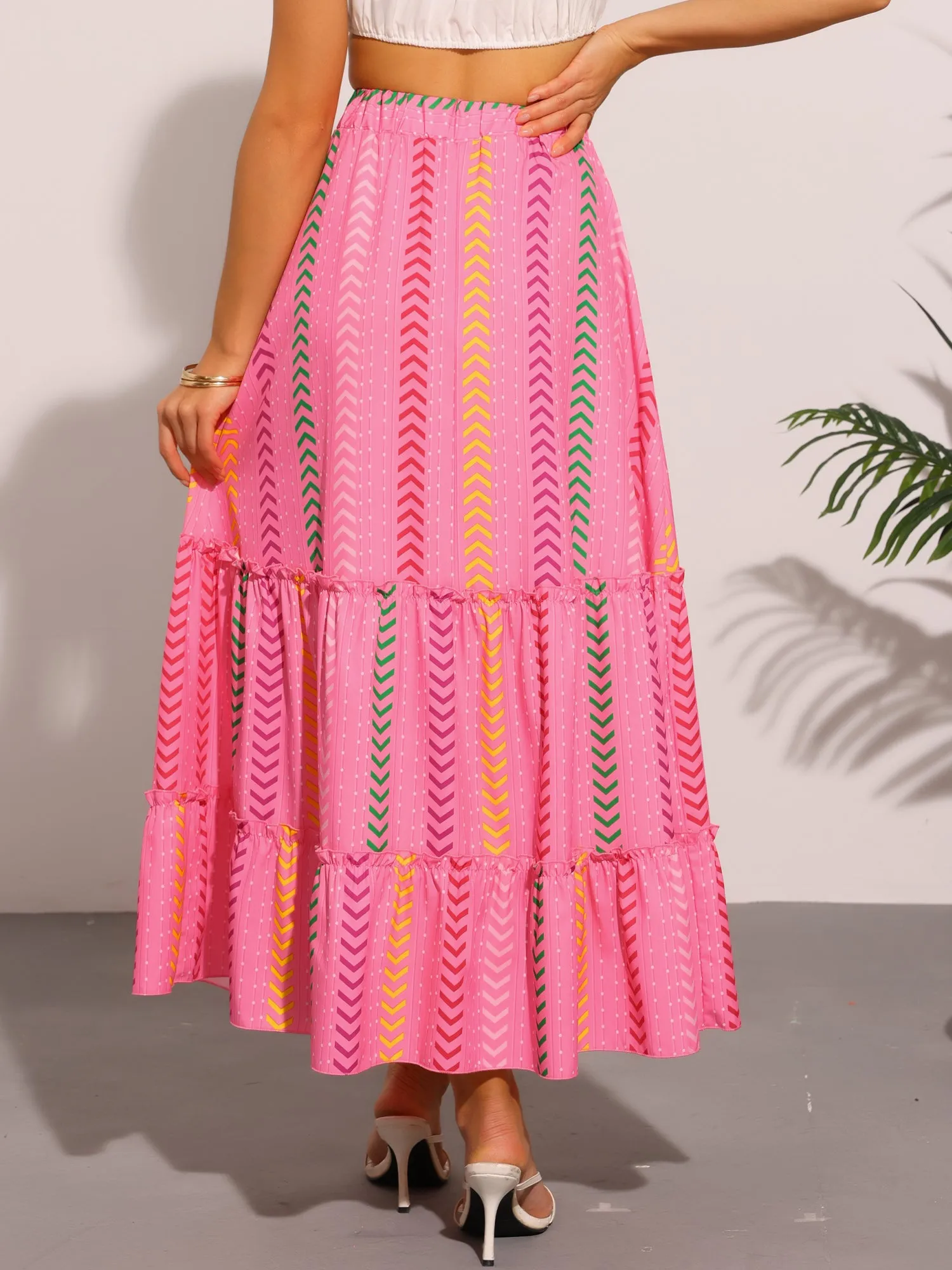 Graphic Pattern Flowy Tiered Maxi Skirts