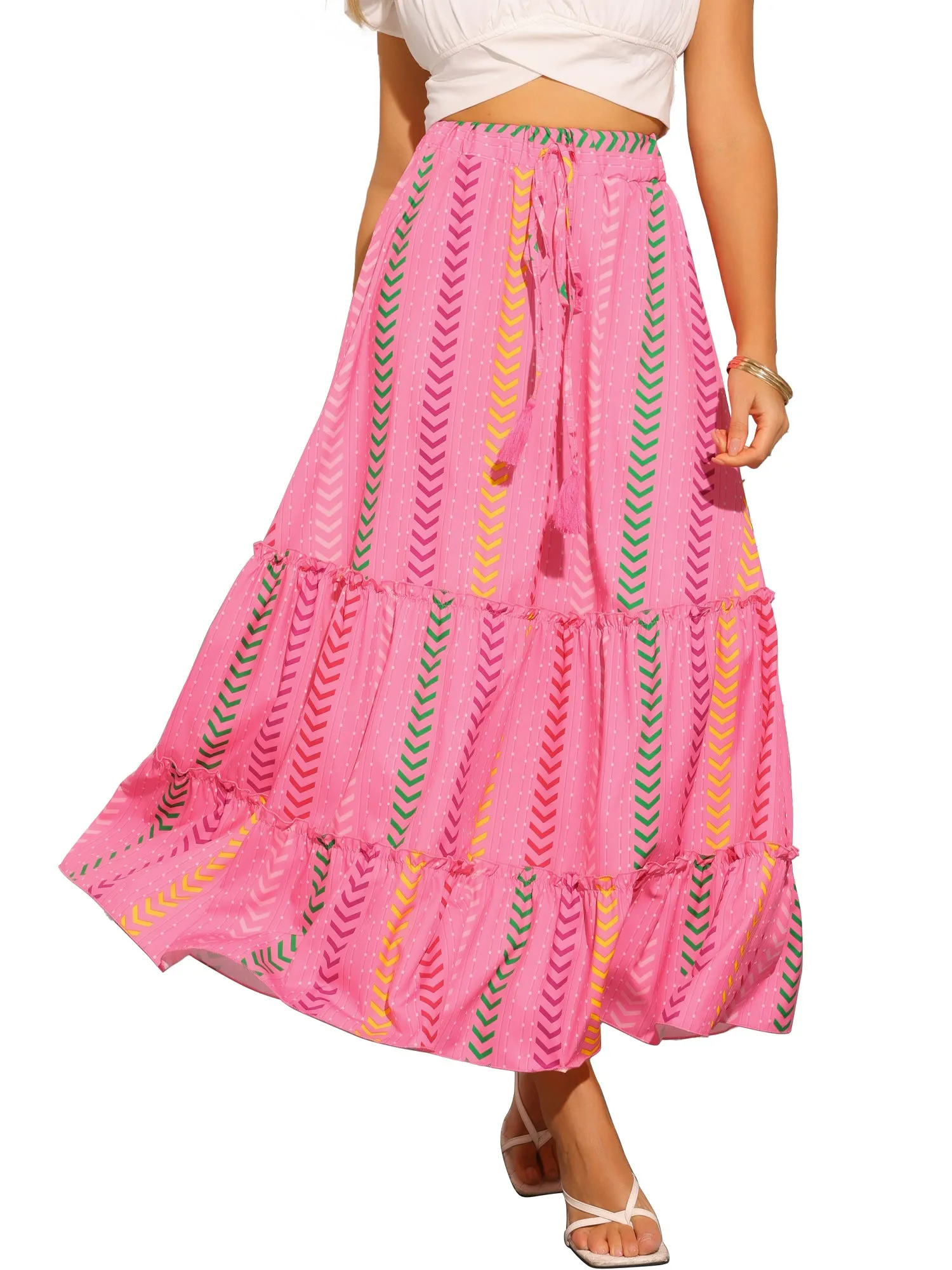 Graphic Pattern Flowy Tiered Maxi Skirts