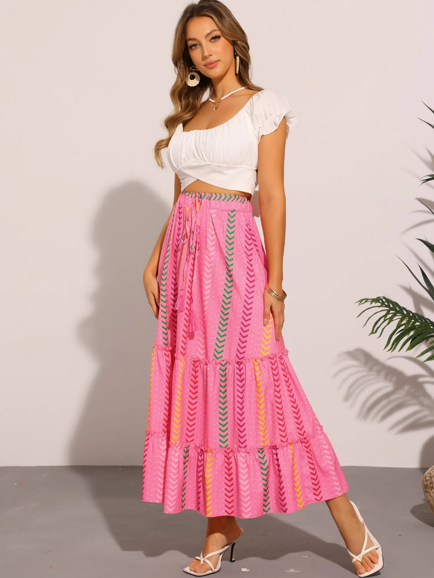 Graphic Pattern Flowy Tiered Maxi Skirts