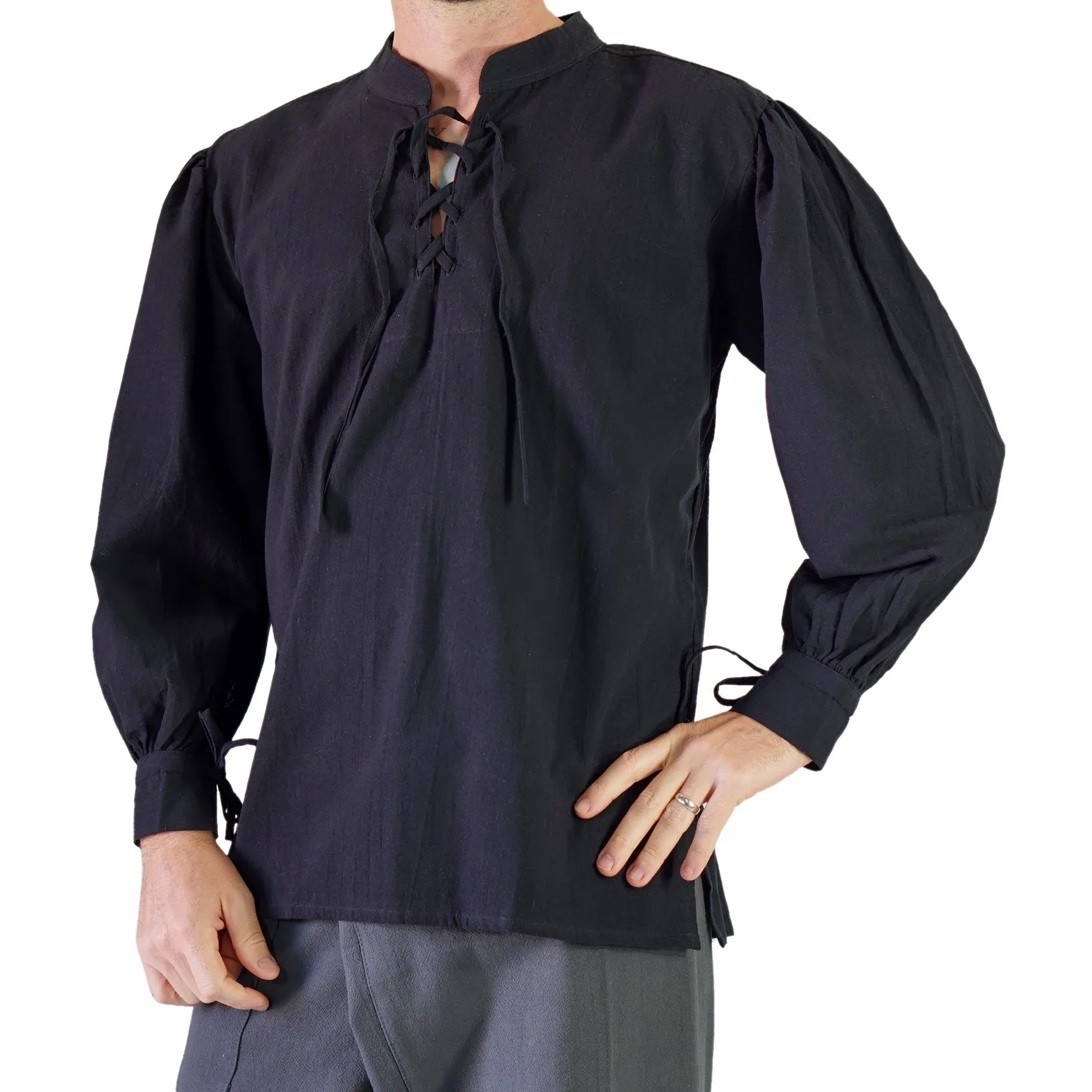 'Merchant' Renaissance Shirt, High Collar - Black