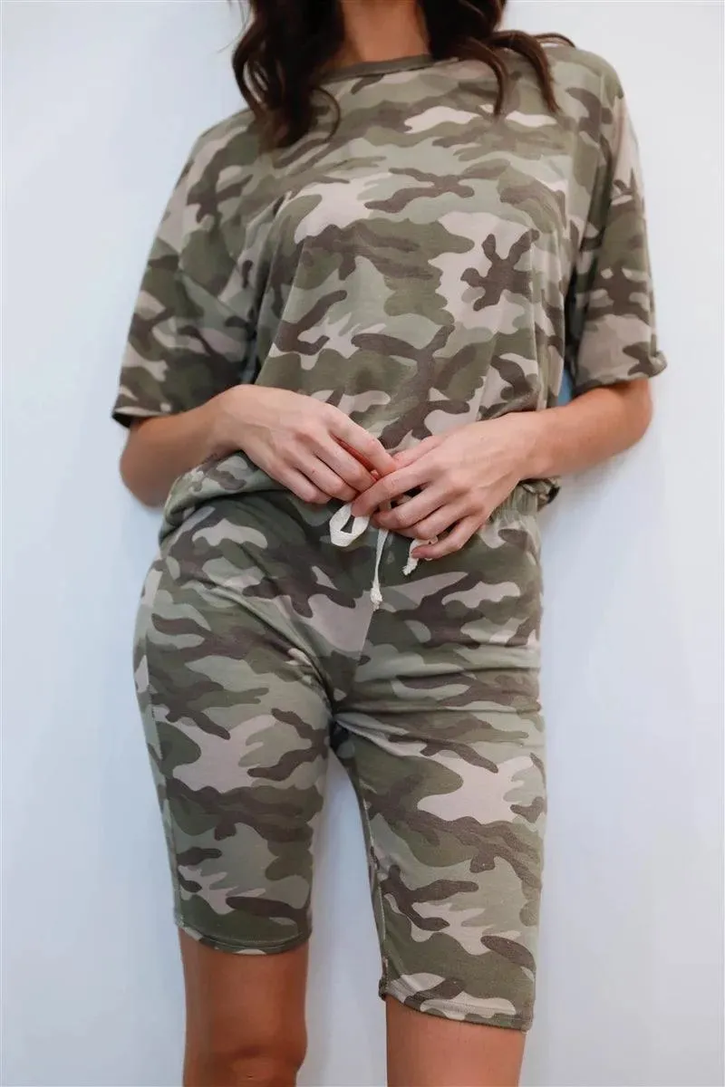 Moss Camouflage Short Sleeve Crewneck T-Shirt & Biker Shorts Set