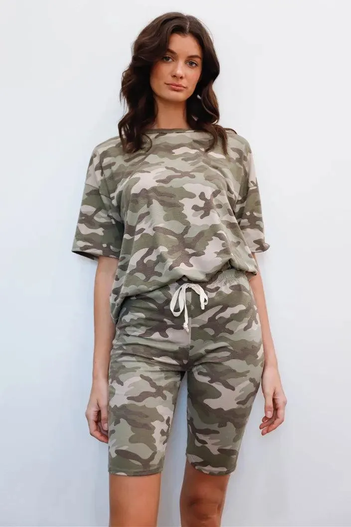 Moss Camouflage Short Sleeve Crewneck T-Shirt & Biker Shorts Set