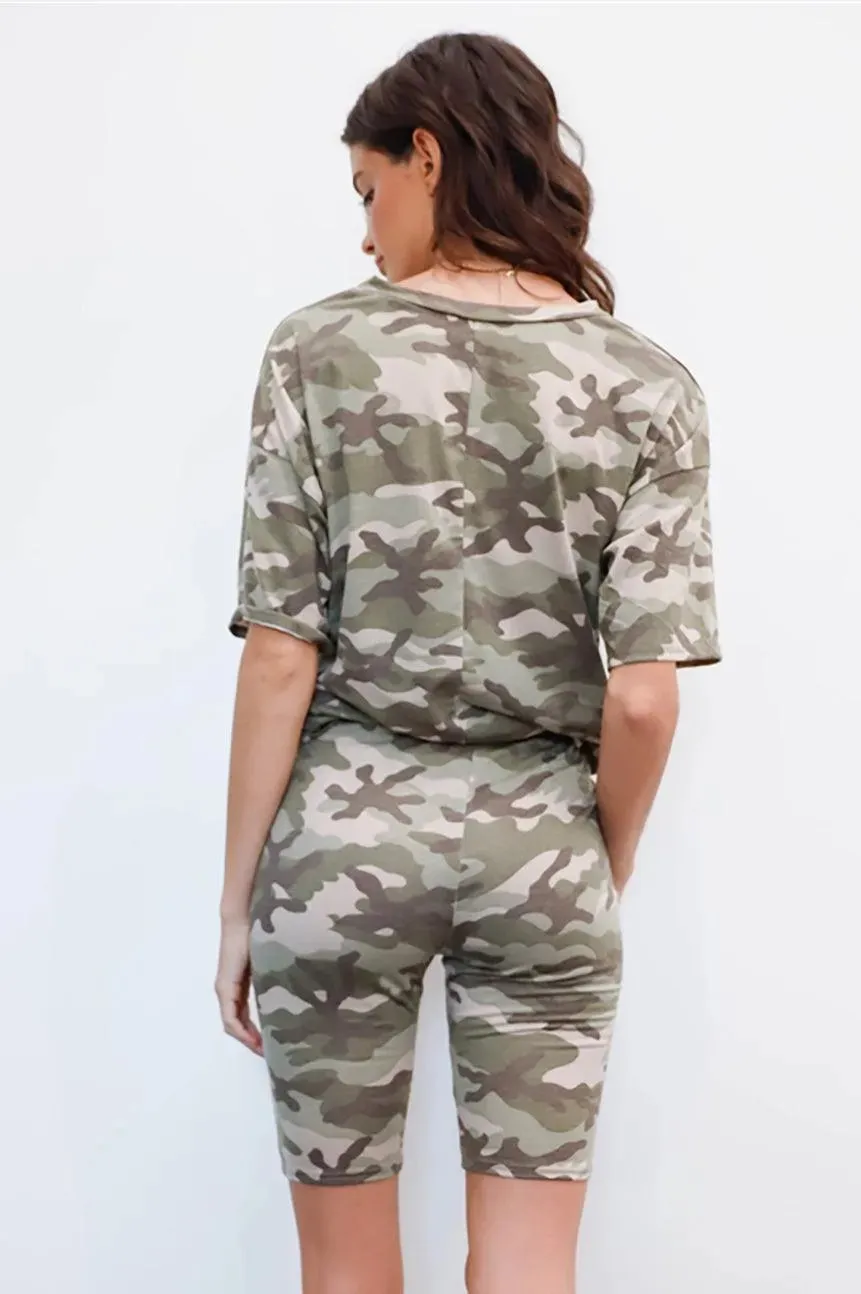 Moss Camouflage Short Sleeve Crewneck T-Shirt & Biker Shorts Set