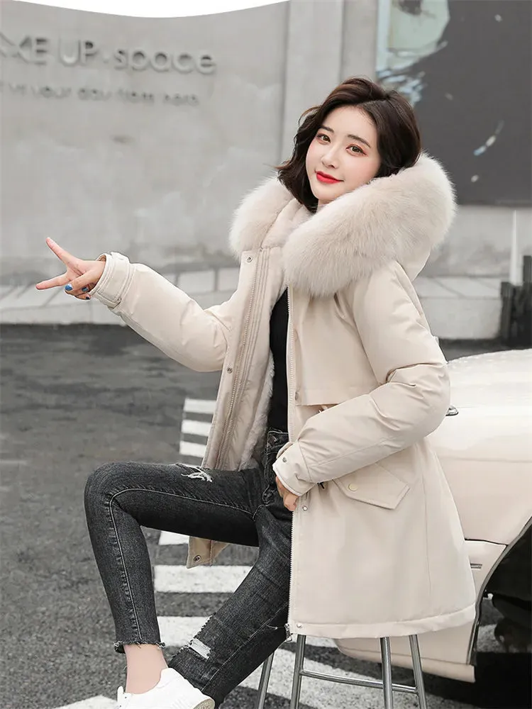 Nukty Winter Coat Low Price On Sale Women Beige Add Wool Thick Warmth Fur Hooded Parkas Jacket New Fashion Belt Slim Cotton Coat