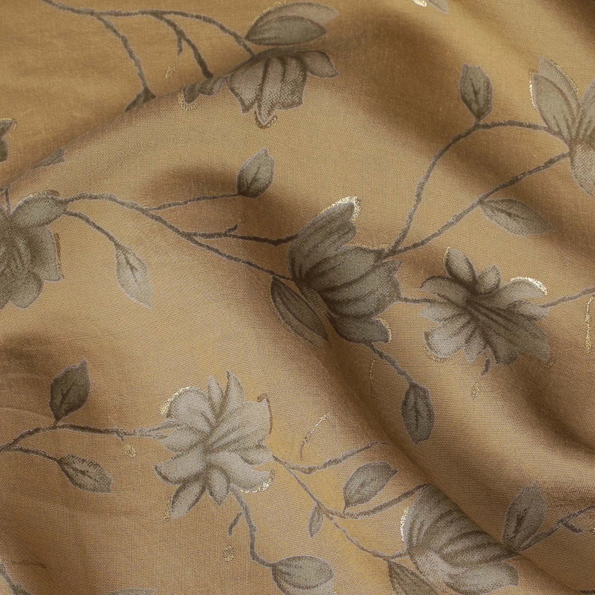 Olive green Synthetic blended cotton fabric with same tone and gold foil print in floral design-D16733