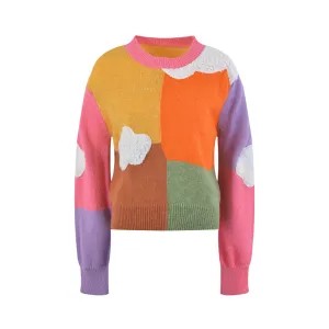 Pre Order:  Color Block Cloud Round Neck Long Sleeved Knitted Sweater