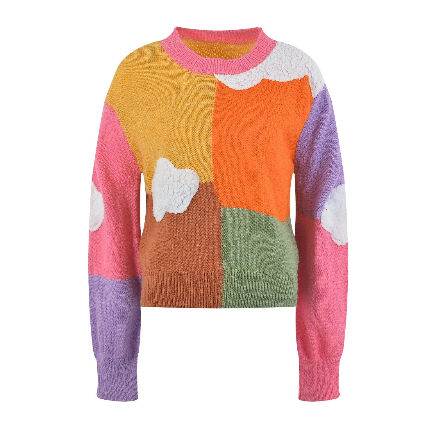 Pre Order:  Color Block Cloud Round Neck Long Sleeved Knitted Sweater