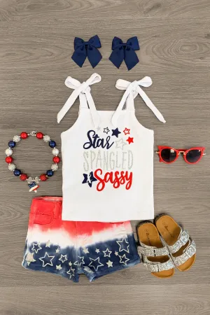 "Star Spangled & Sassy" Tie Tank Denim Short Set