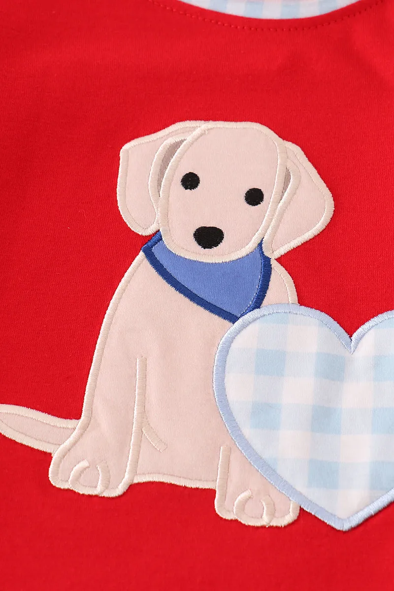 Red puppy heart applique boy set