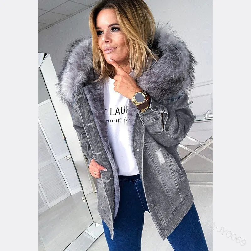 Retro Big Fur Collar Denim Jacket Parkas Loose Warm Fur Thick Coat For Women