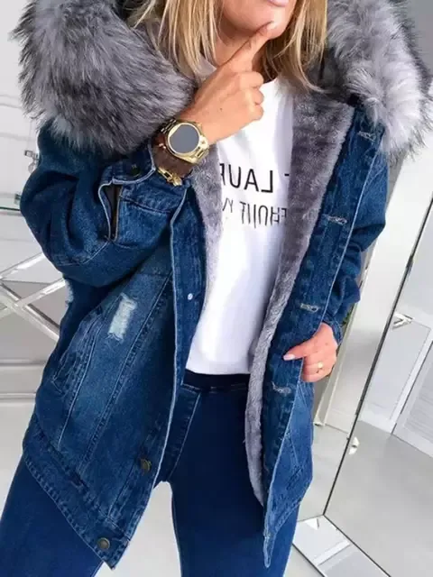 Retro Big Fur Collar Denim Jacket Parkas Loose Warm Fur Thick Coat For Women