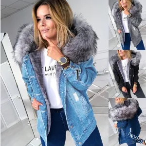 Retro Big Fur Collar Denim Jacket Parkas Loose Warm Fur Thick Coat For Women