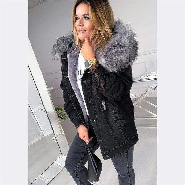 Retro Big Fur Collar Denim Jacket Parkas Loose Warm Fur Thick Coat For Women