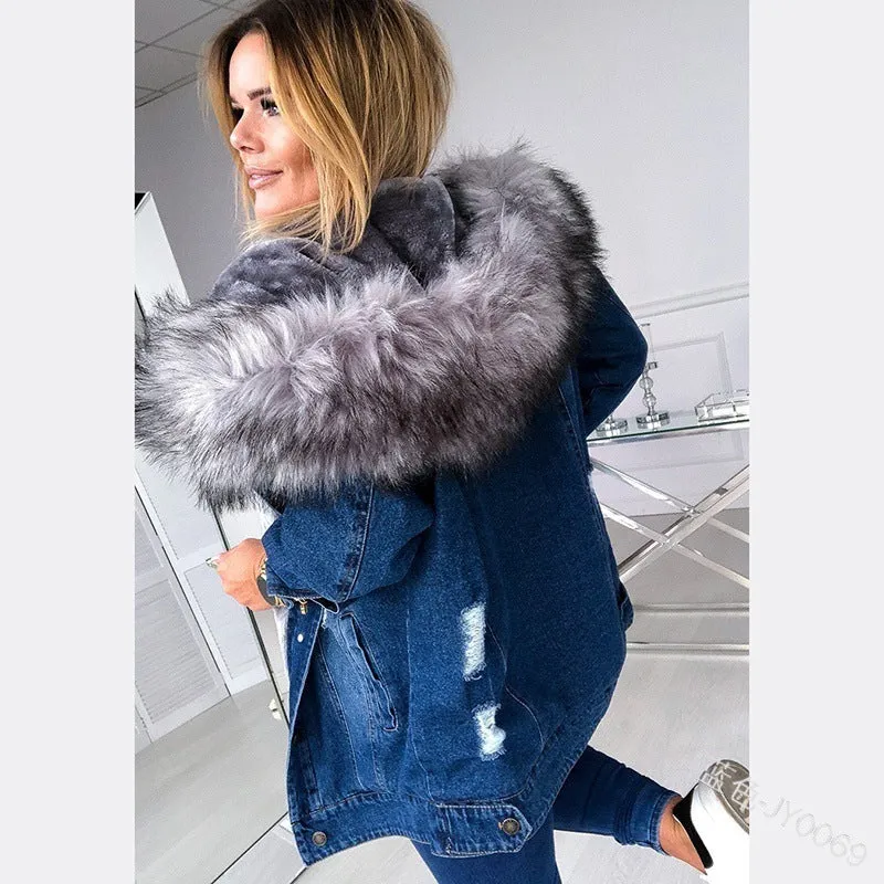 Retro Big Fur Collar Denim Jacket Parkas Loose Warm Fur Thick Coat For Women