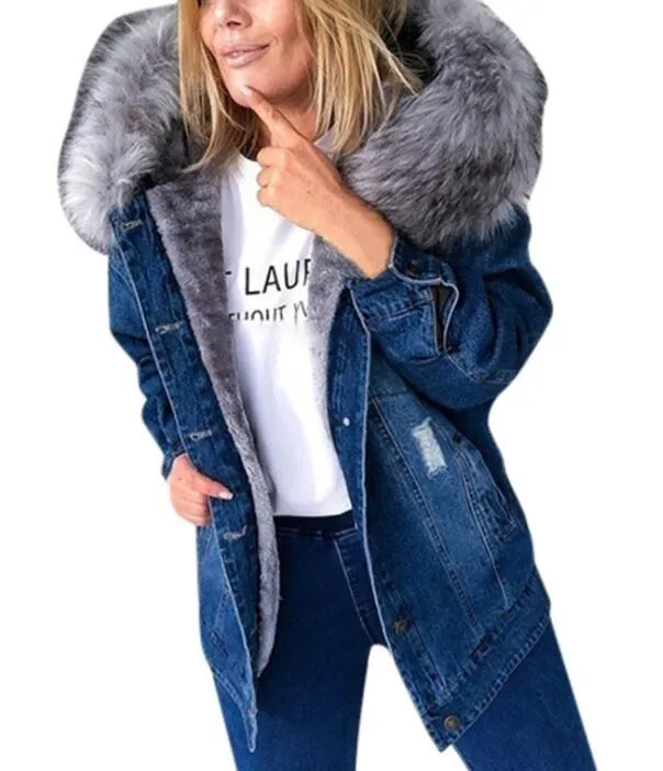 Retro Big Fur Collar Denim Jacket Parkas Loose Warm Fur Thick Coat For Women