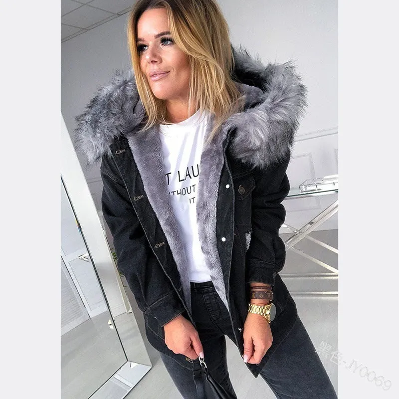 Retro Big Fur Collar Denim Jacket Parkas Loose Warm Fur Thick Coat For Women