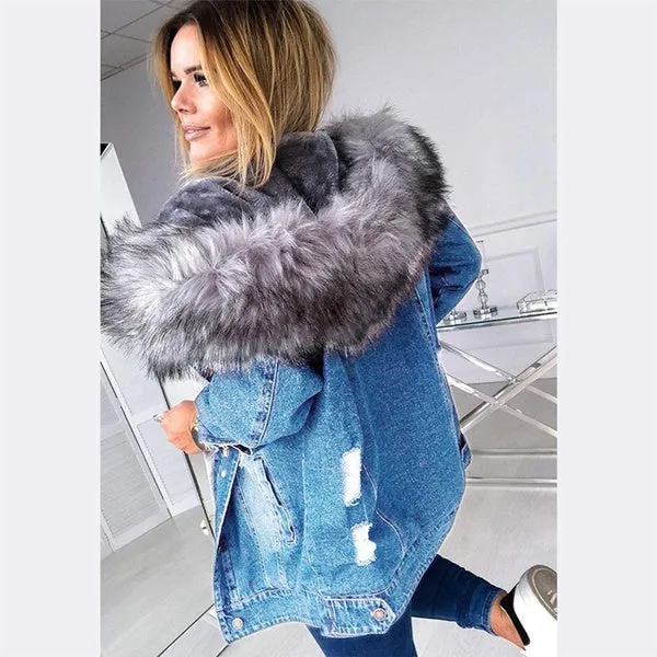 Retro Big Fur Collar Denim Jacket Parkas Loose Warm Fur Thick Coat For Women