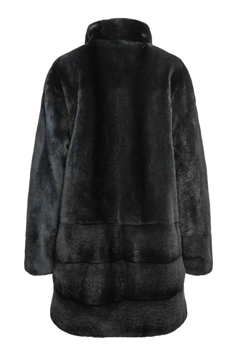 Reversible Stone Blue Striped Mid Length Plucked Mink Fur Coat