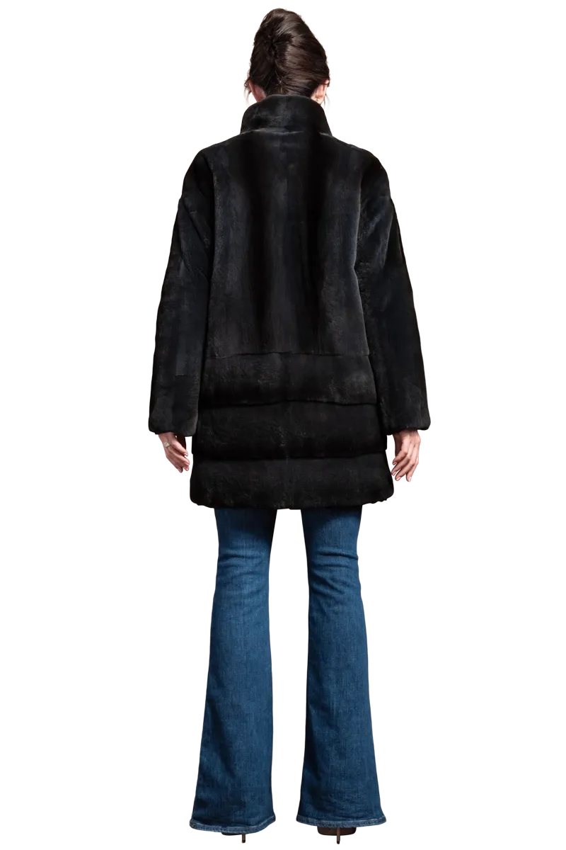 Reversible Stone Blue Striped Mid Length Plucked Mink Fur Coat