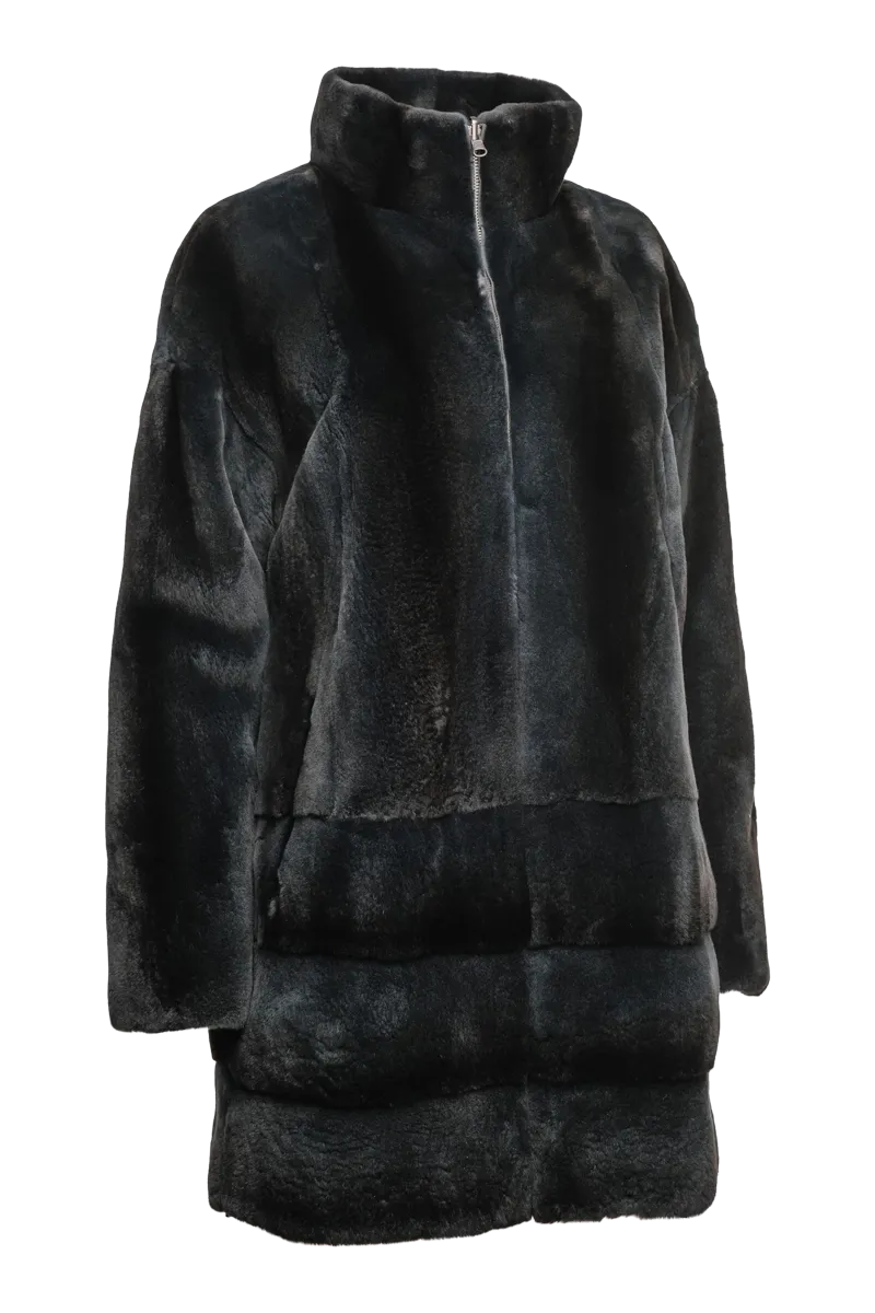 Reversible Stone Blue Striped Mid Length Plucked Mink Fur Coat