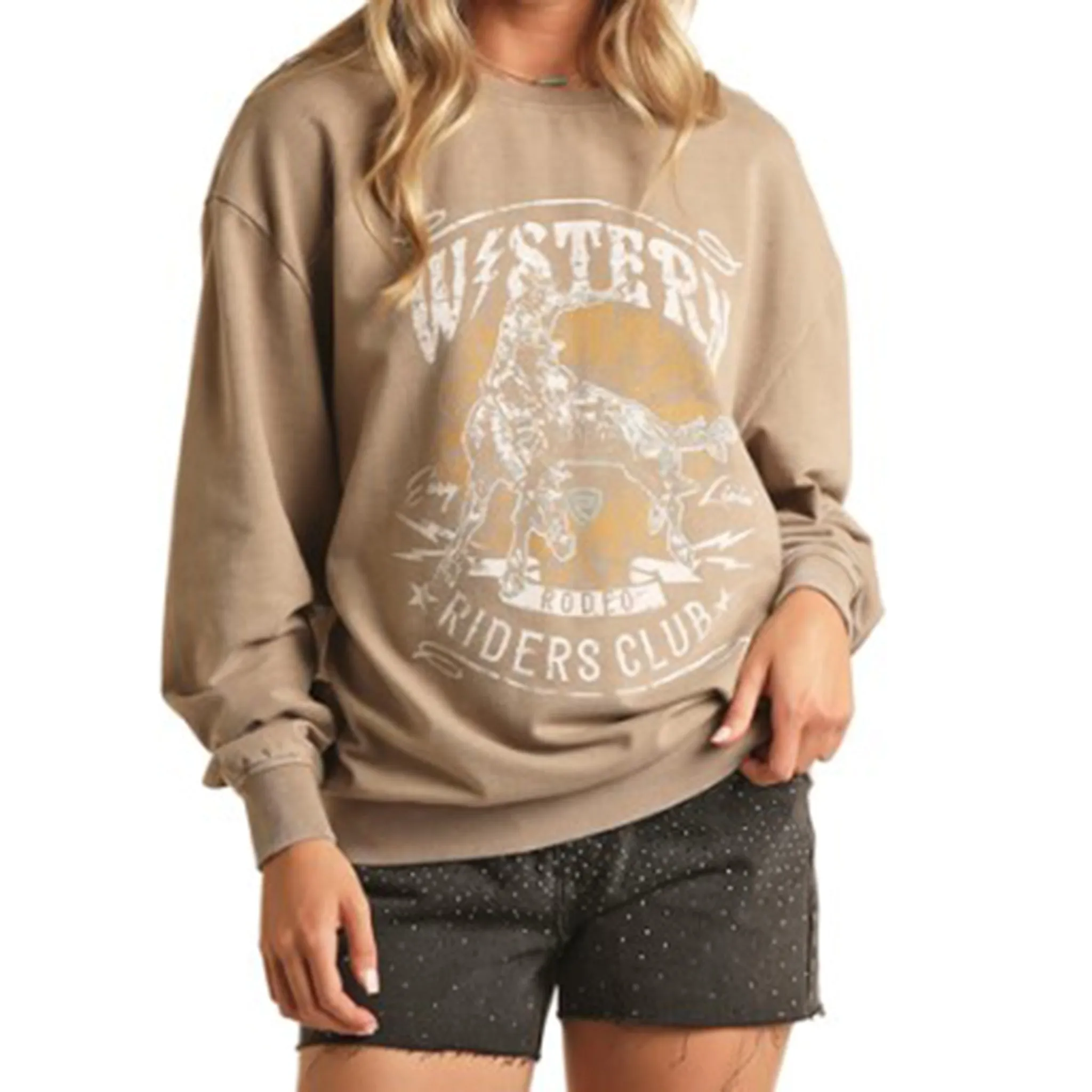 Rock & Roll Women's Taupe Western Oversize Sweatshirt