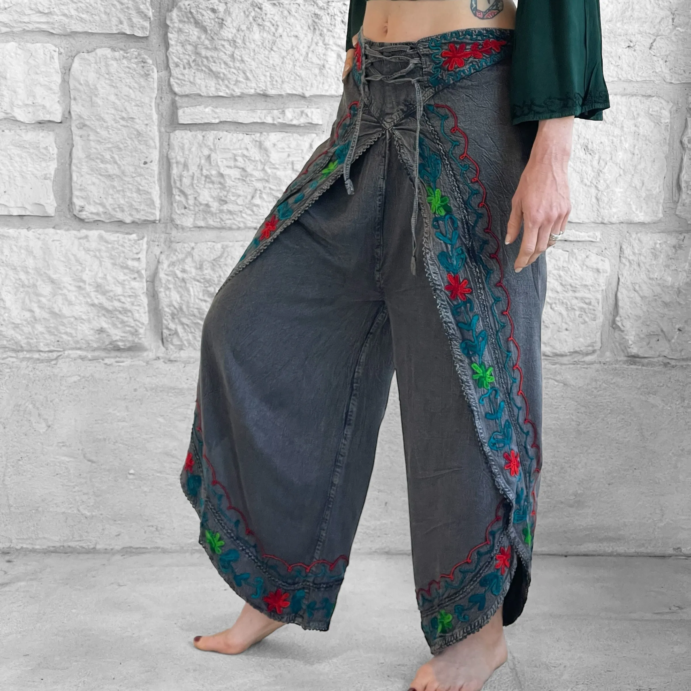 'Split' Indian Stonewashed Rayon Pants - Dark Gray