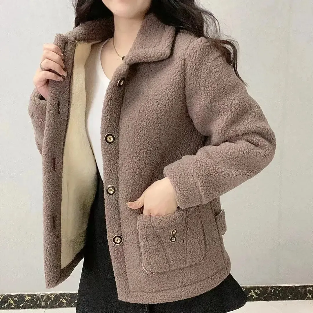 Thicken Warm Faux Lamb Wool Coat 2023 Autumn Winter Loose Long-sleeve Outerwear Solid Women Jacket Parkas Casual Tops