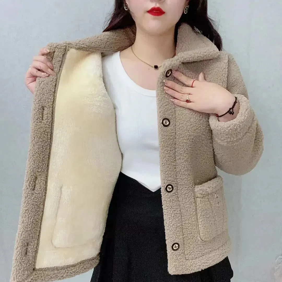 Thicken Warm Faux Lamb Wool Coat 2023 Autumn Winter Loose Long-sleeve Outerwear Solid Women Jacket Parkas Casual Tops