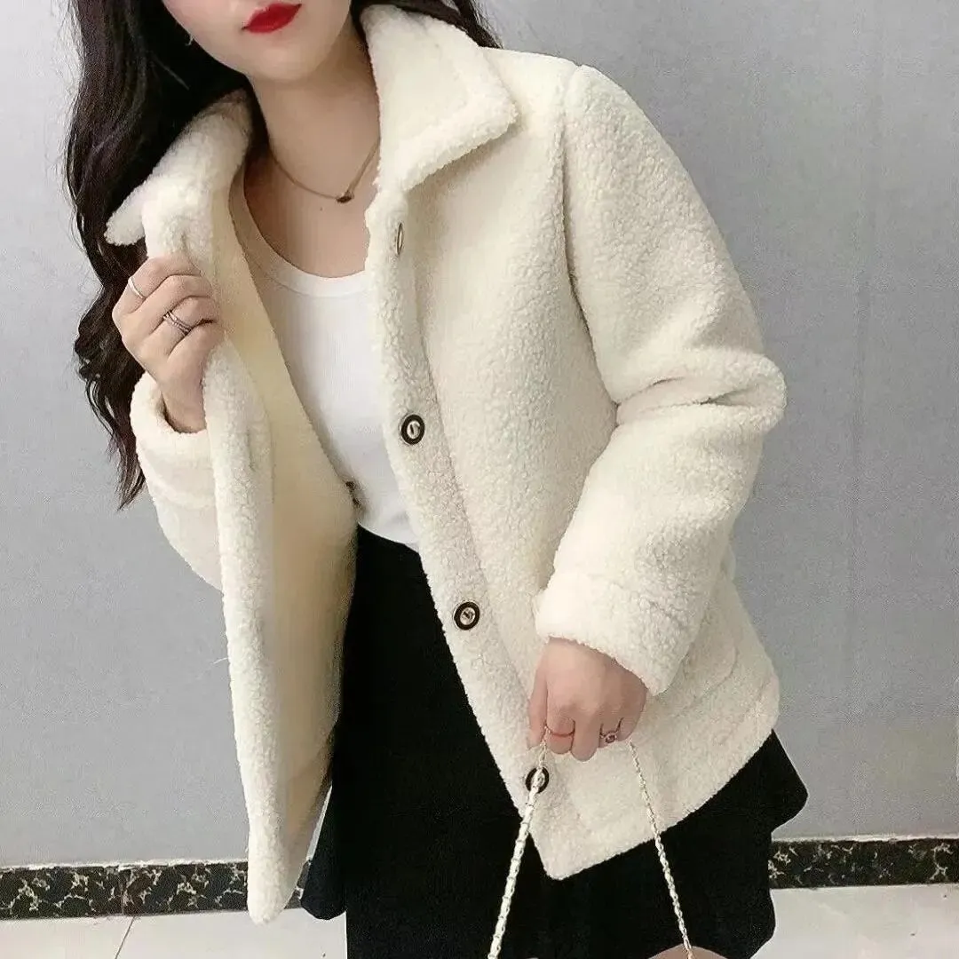 Thicken Warm Faux Lamb Wool Coat 2023 Autumn Winter Loose Long-sleeve Outerwear Solid Women Jacket Parkas Casual Tops