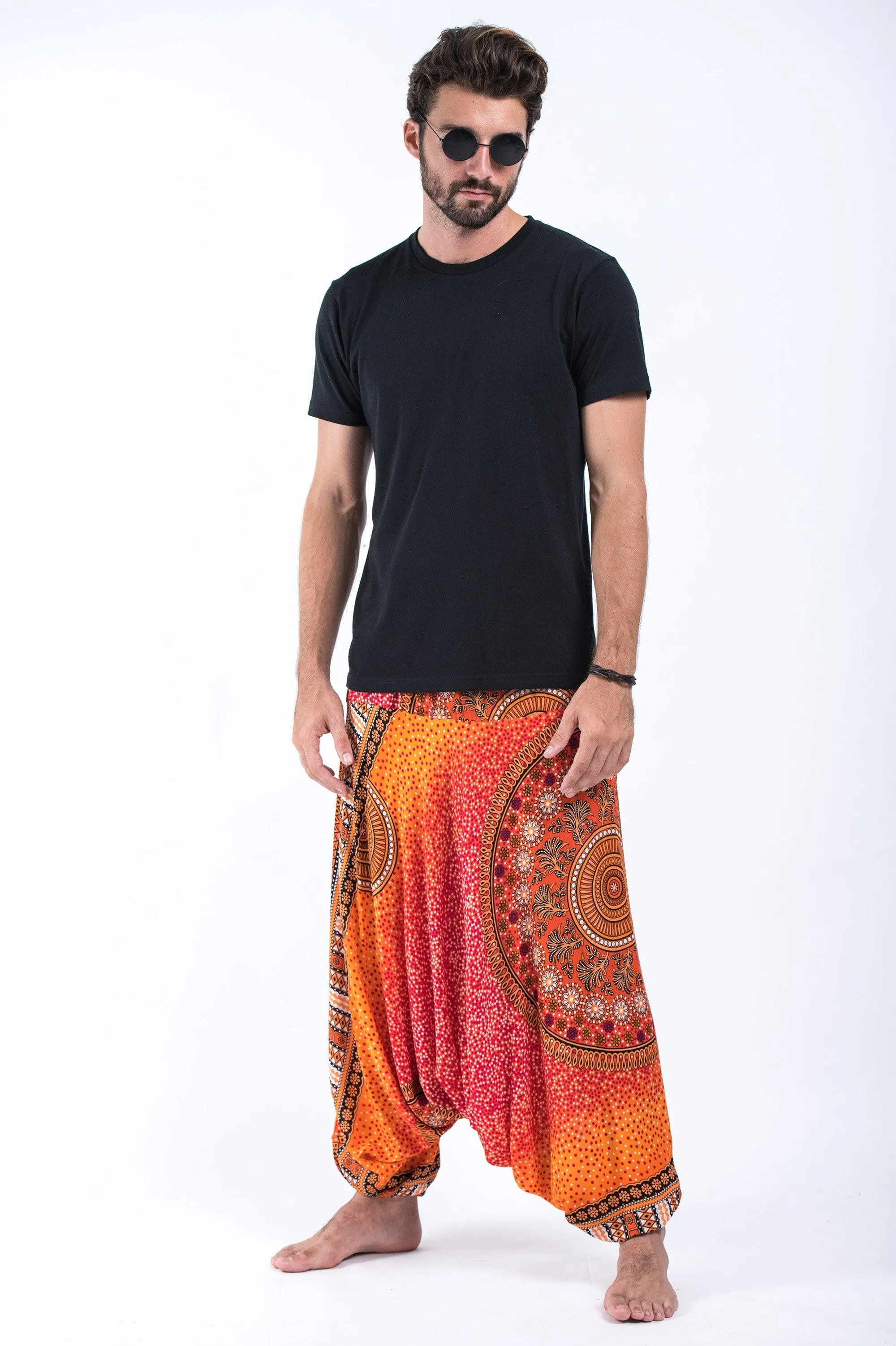 Unisex Tribal Chakras Drop Crotch Drop Crotch Jumpsuit Harem Pants in Orange