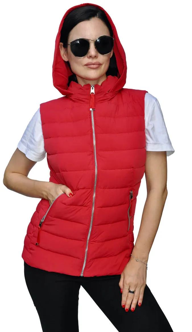 Vest Puffer With Hood Zipper Front Scarlet Jo Women's