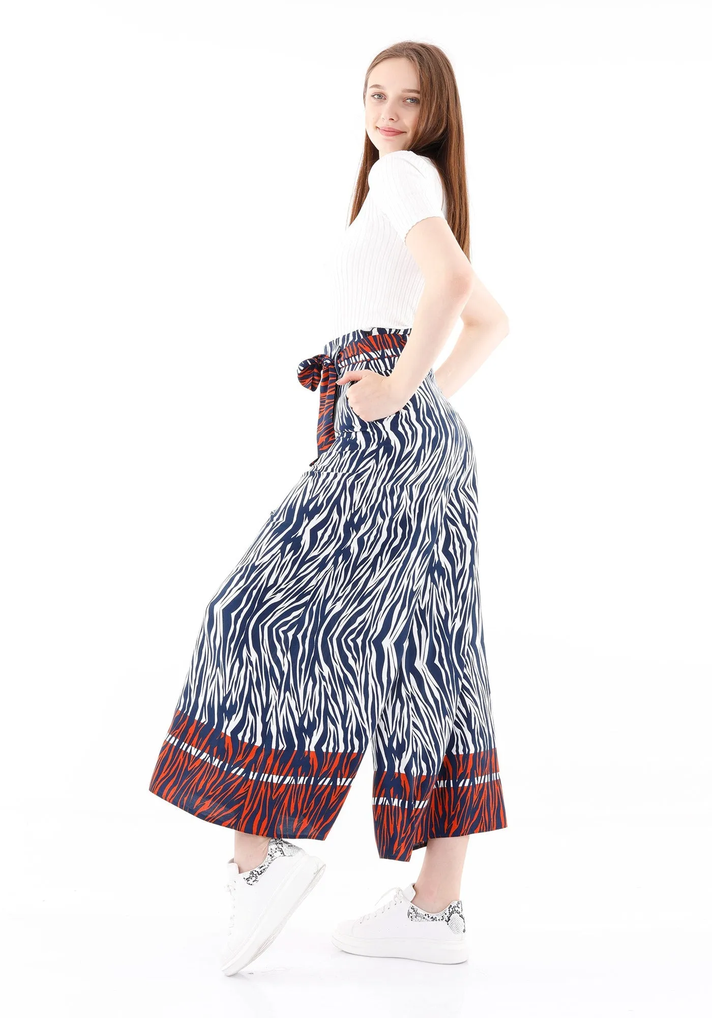 Wheel Tiger Pattern Palazzo Pants with Pockets and Belt